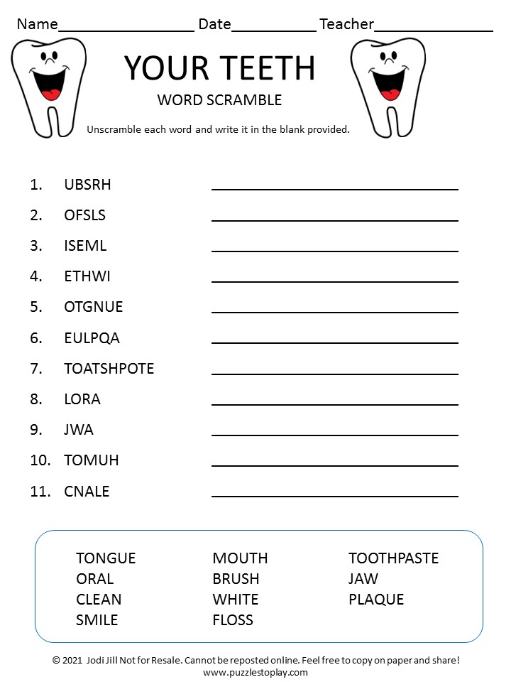 Your Teeth Word Scramble For Kids - Puzzles to Play