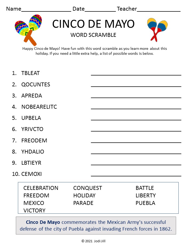 Cinco de Mayo Word Scramble for Kids Puzzles to Play