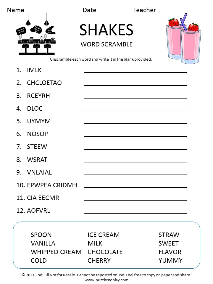 shakes word scramble for kids