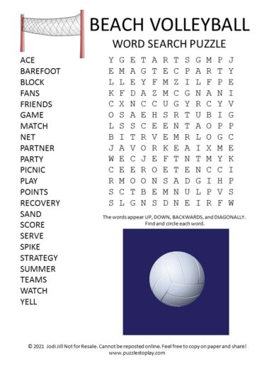 Beach Volleyball Word Search Puzzle - Puzzles to Play