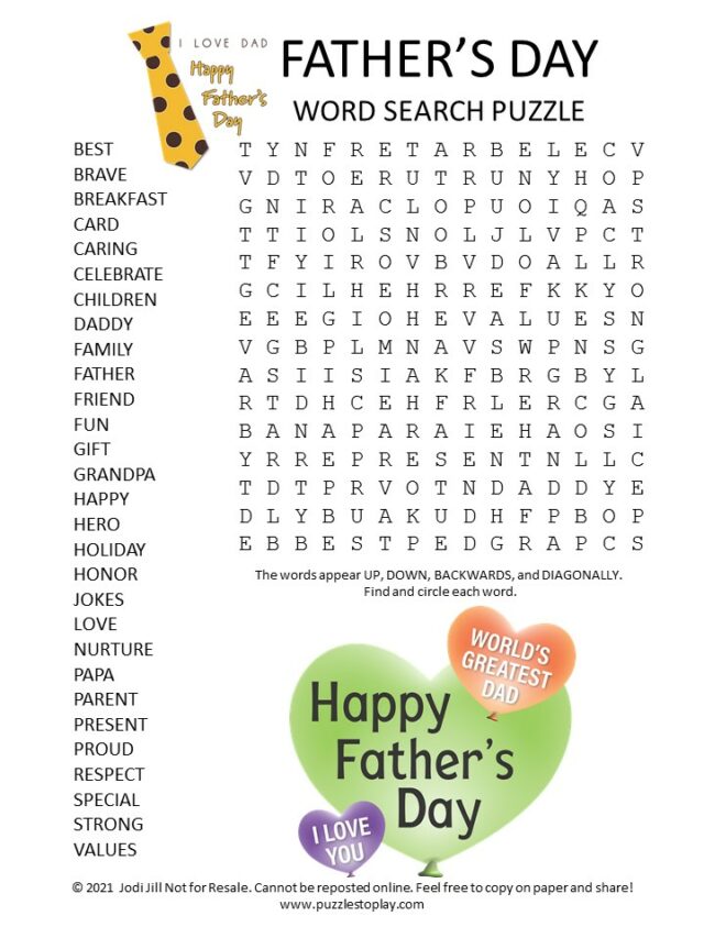Father's Day Word Search Puzzle Puzzles to Play