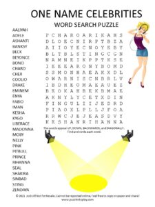 One Name Celebrities Word Search Puzzle