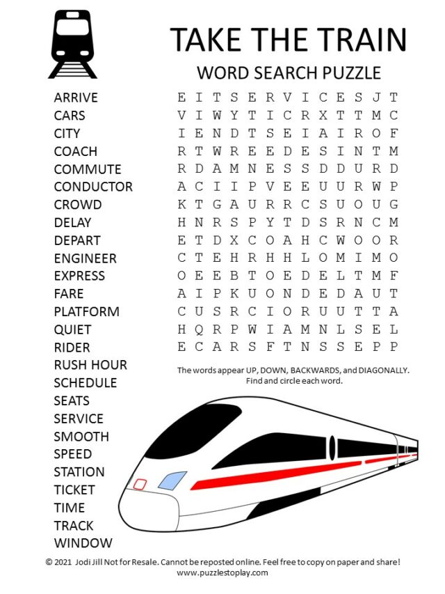 Take The Train Word Search Puzzle Puzzles To Play