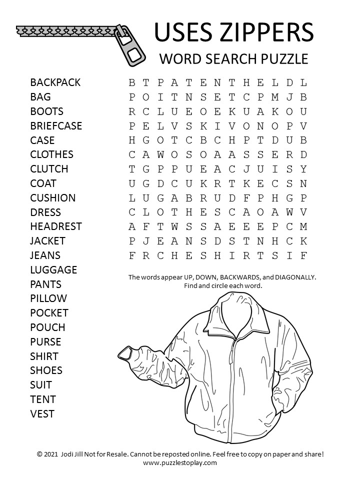 Zippers Word Search Puzzle - Puzzles to Play