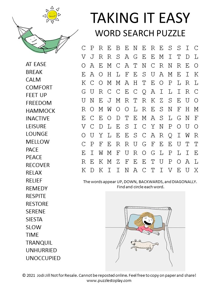 Taking it Easy Word Search Puzzle Puzzles to Play