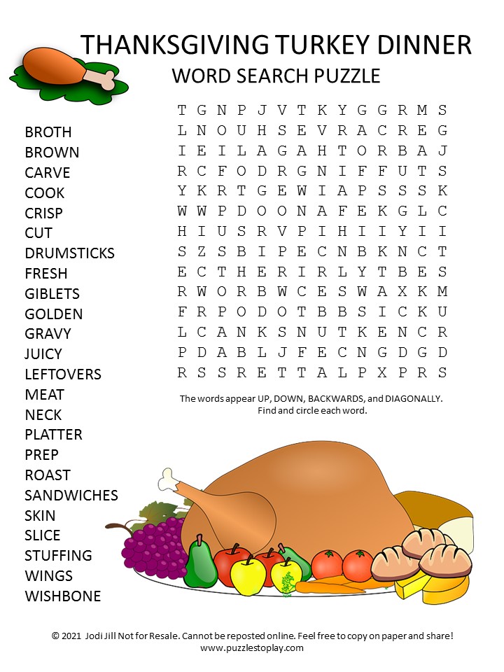 Thanksgiving Turkey Dinner Word Search Puzzle
