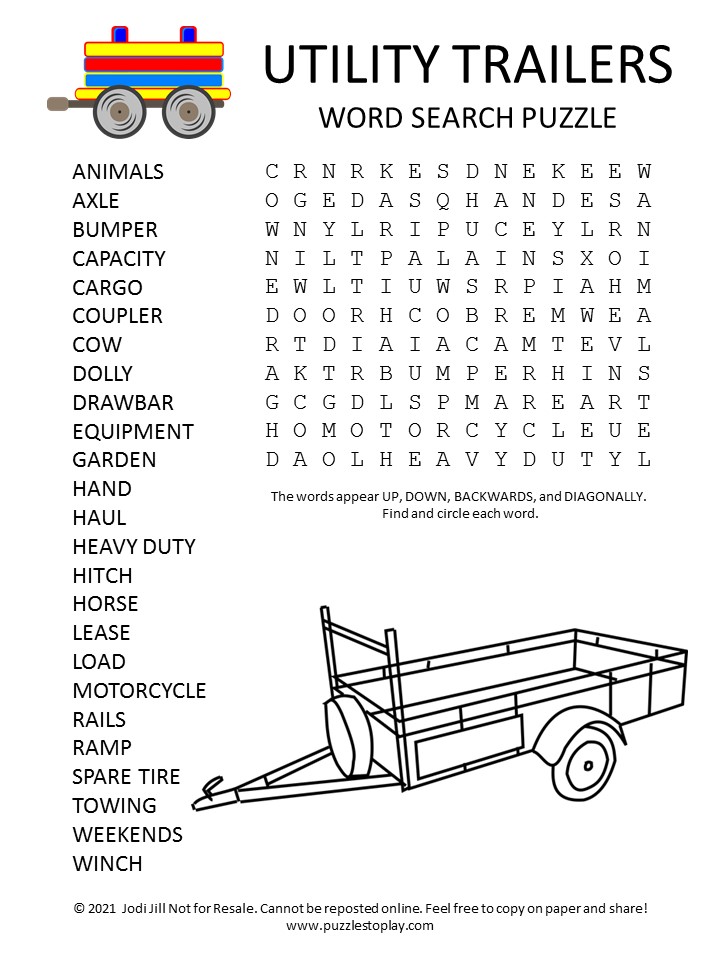 Utility Trailers Word Search Puzzle