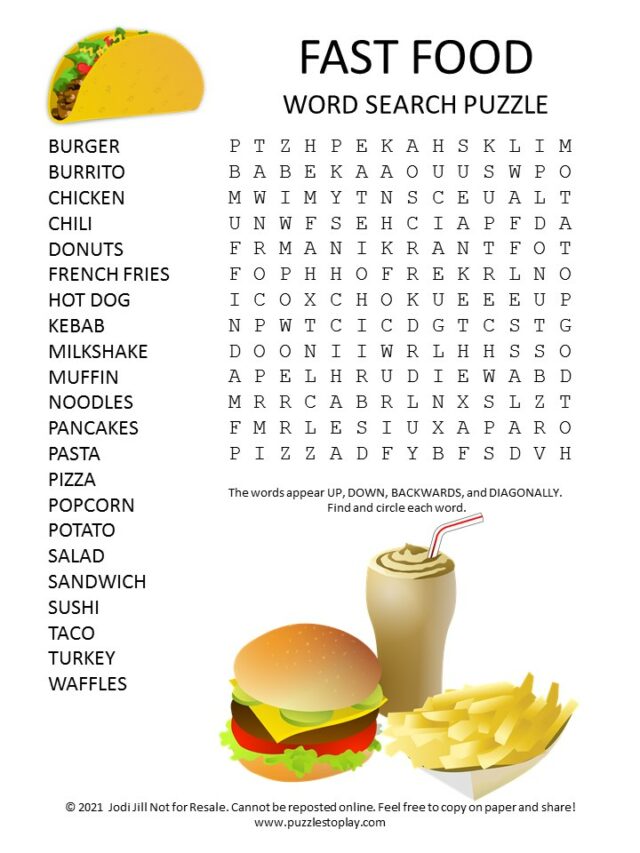 Fast Food Word Search Puzzle Puzzles to Play
