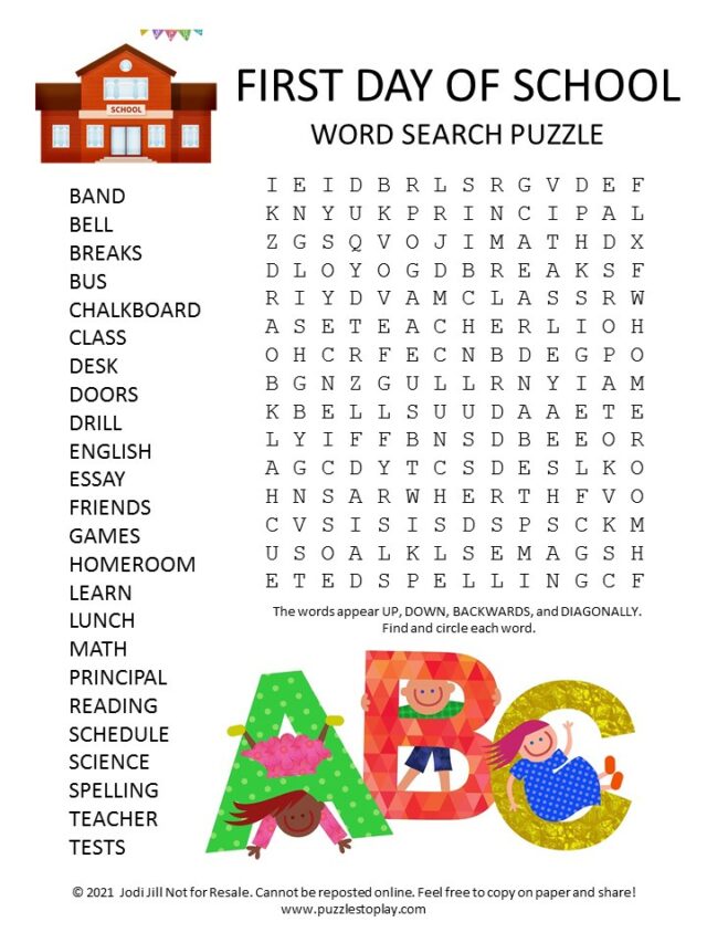 First Day Of School Word Search Puzzle Puzzles To Play