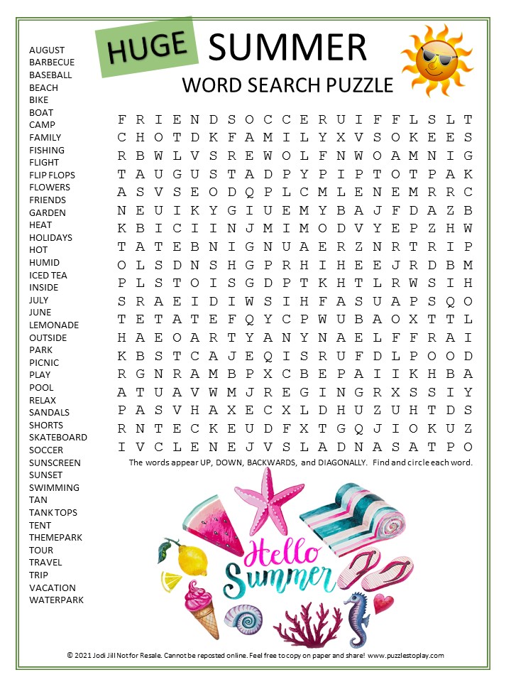 Huge Summer Word Search for Kids Puzzles to Play