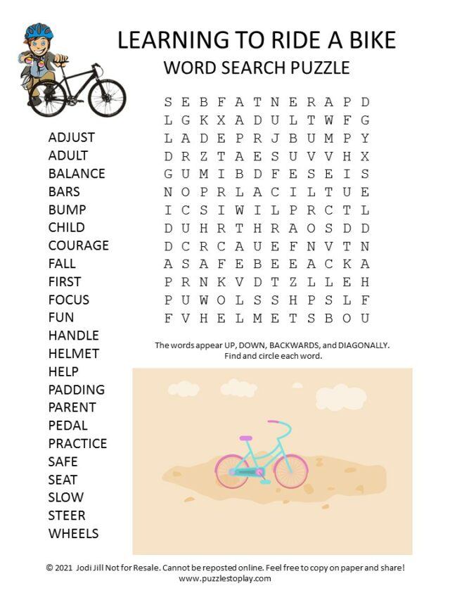 Learning To Ride A Bike Word Search Puzzle Puzzles To Play