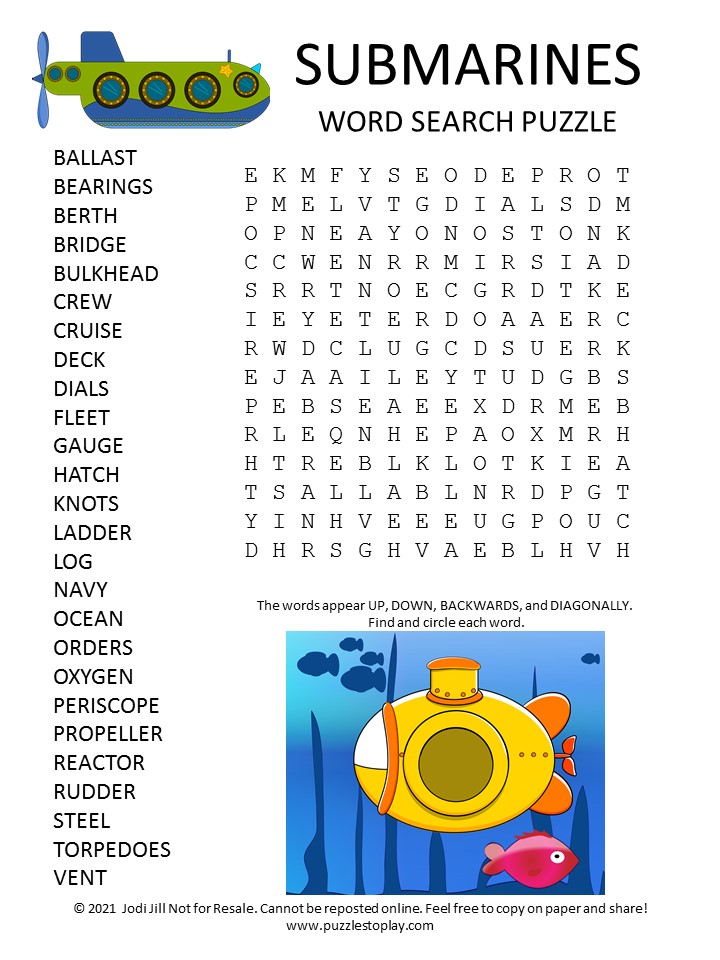 Submarines Word Search Puzzle Puzzles to Play