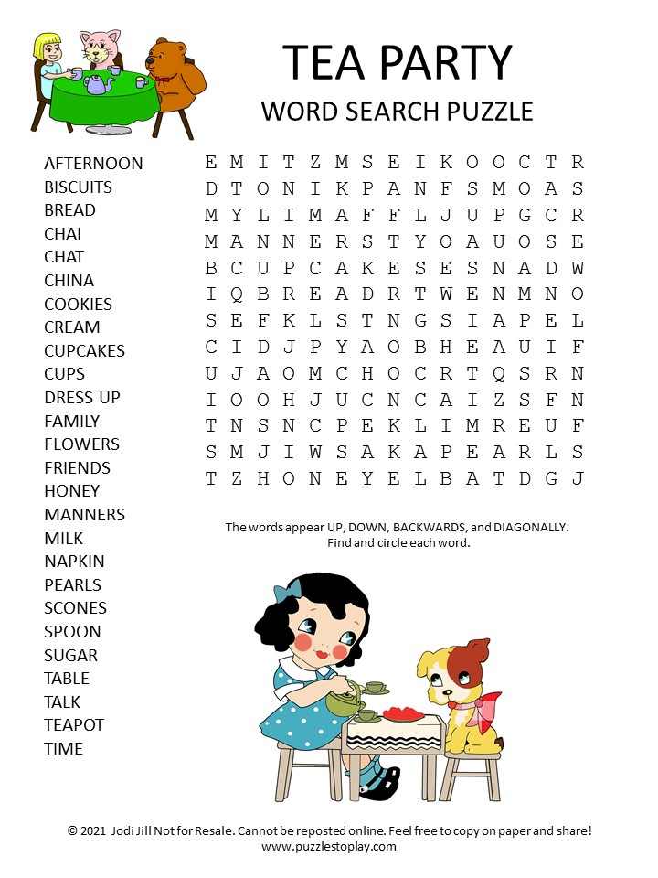 Tea Party Word Search Puzzle Puzzles to Play