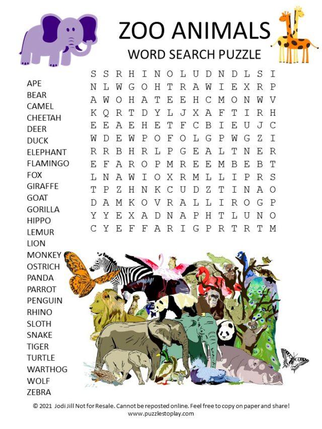 Animal Word Search Puzzles For Kids