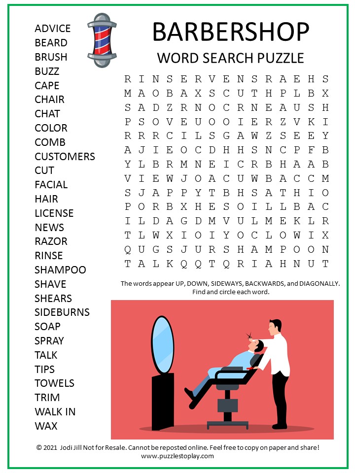 Barbershop Word Search Puzzle Puzzles to Play