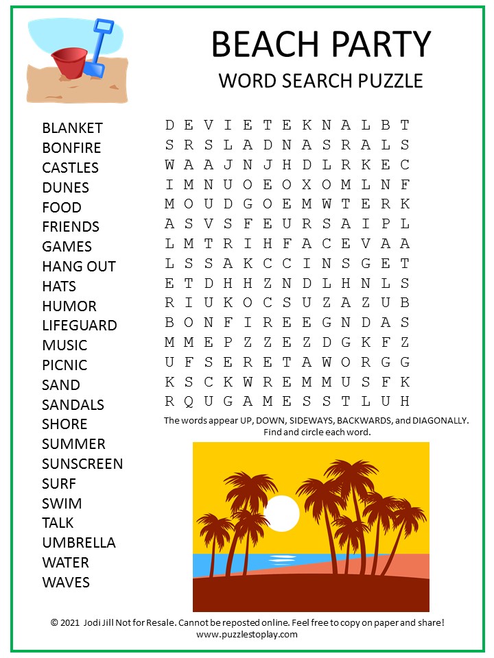 Beach Party Word Search Puzzle