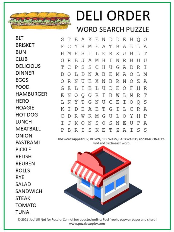 Deli Order Word Search Puzzle Puzzles to Play