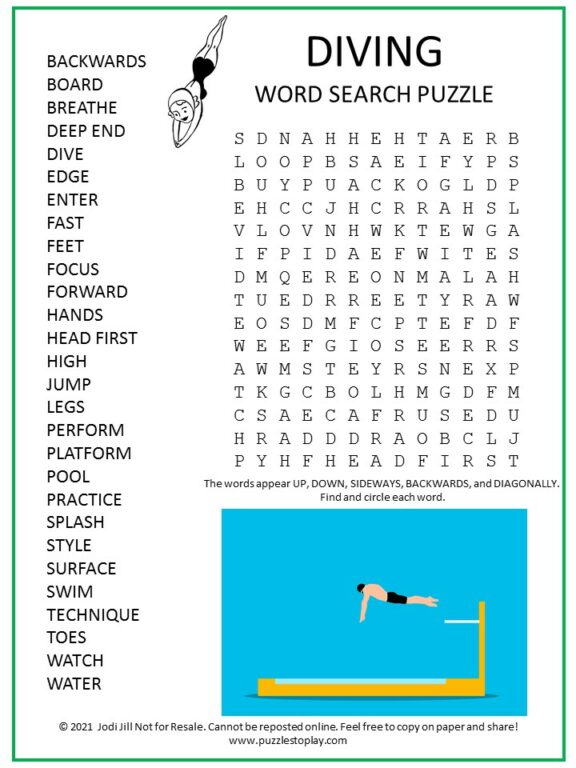 Diving Word Search Puzzle Puzzles to Play