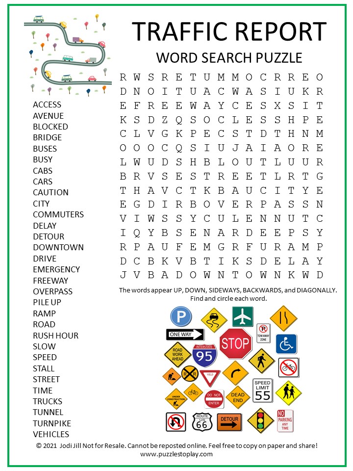 Traffic Report Word Search Puzzle