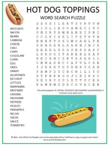 Hot Dog Toppings Word Search Puzzle