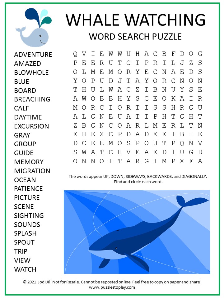 Whale Watching Word Search Puzzle
