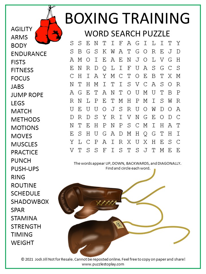 Boxing Training Word Search Puzzle Puzzles to Play