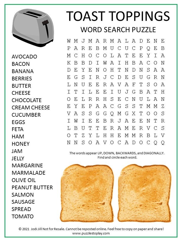 Toast Toppings Word Search Puzzle