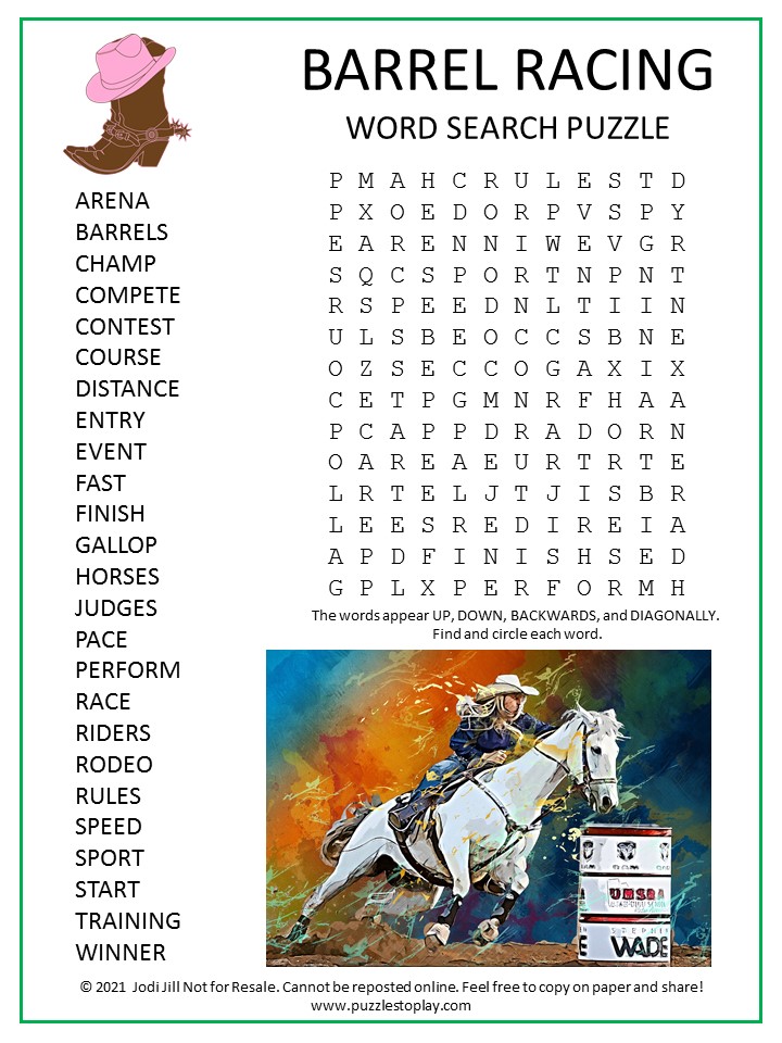 Barrel Racing Word Search Puzzle