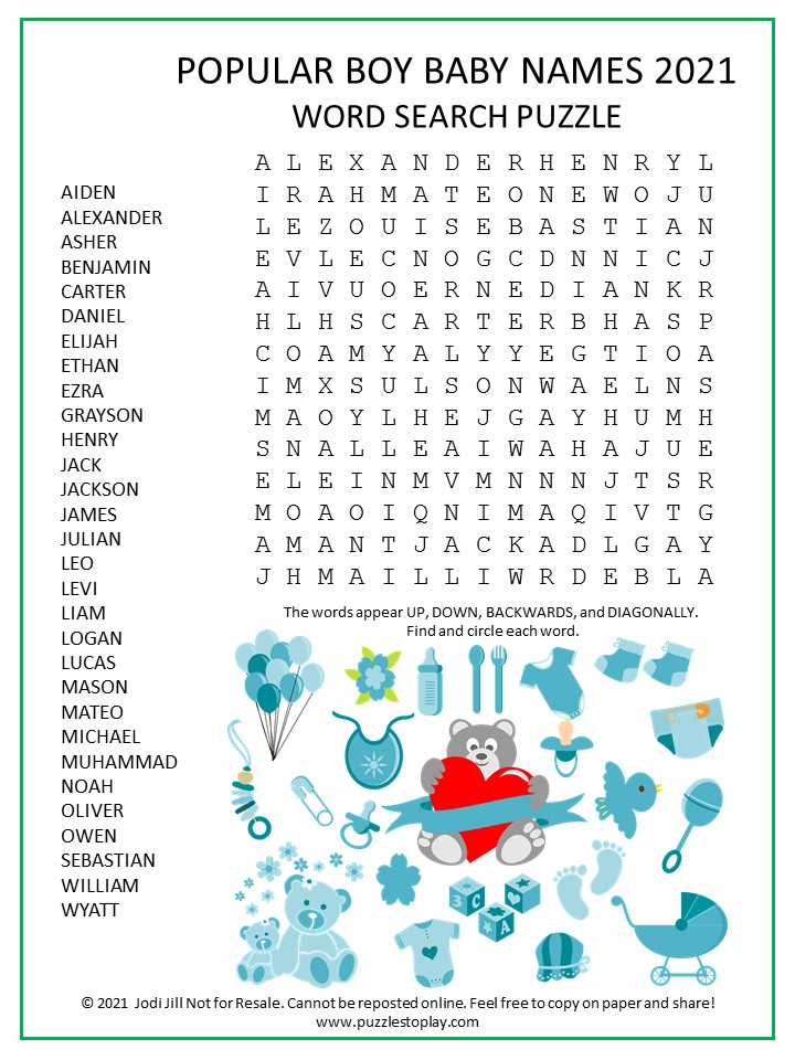 Popular Boy Baby Names 2021 Word Search Puzzle