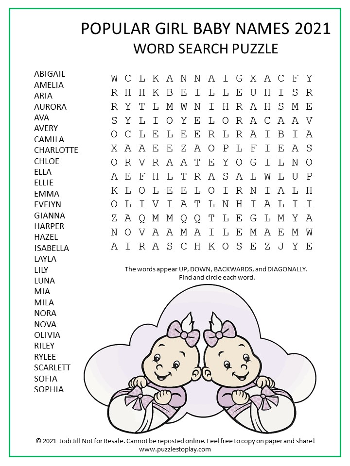 Popular Girl Baby Names 2021 Word Search Puzzle