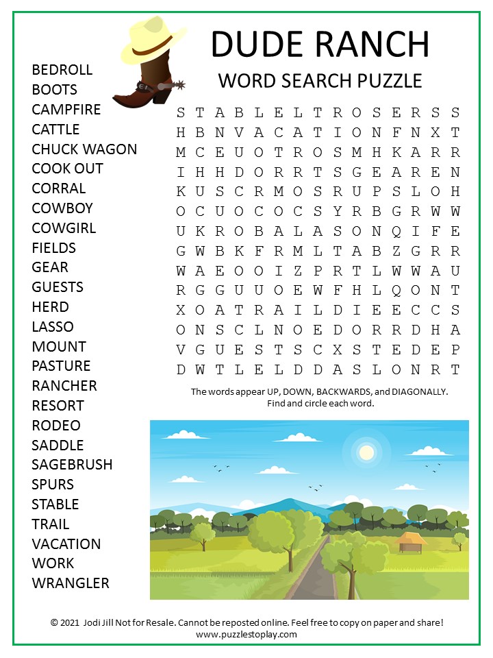 Dude Ranch Word Search Puzzle
