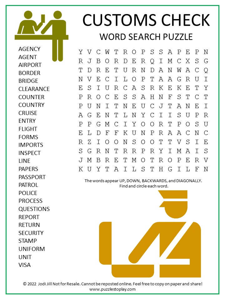 Customs Check Word Search Puzzle