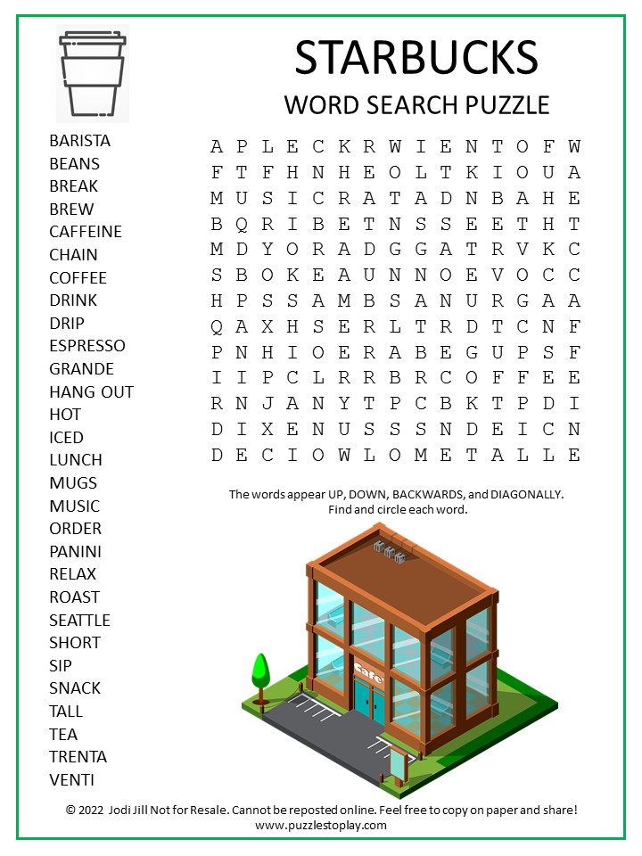 Starbucks Word Search Puzzle
