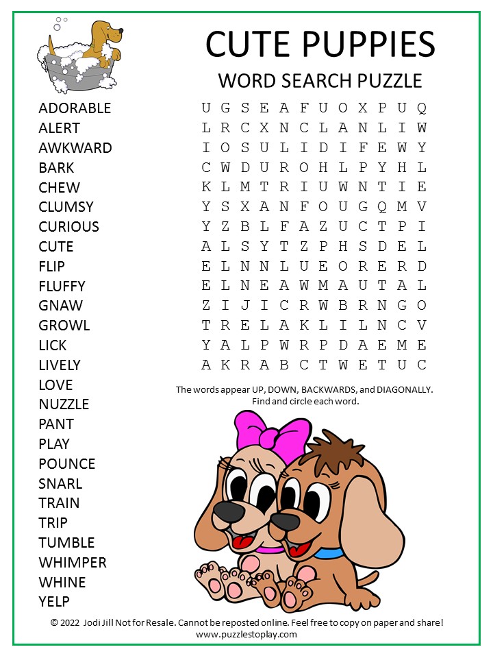 Cute Puppies Word Search Puzzle