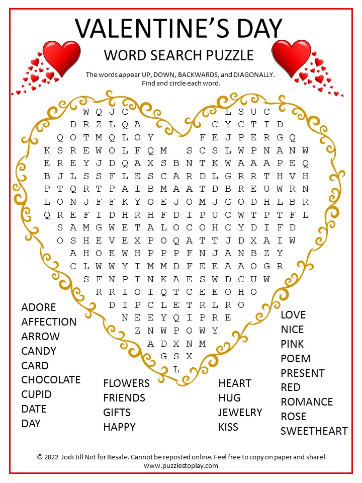 Valentine's Day Heart Word Search Puzzle Game 