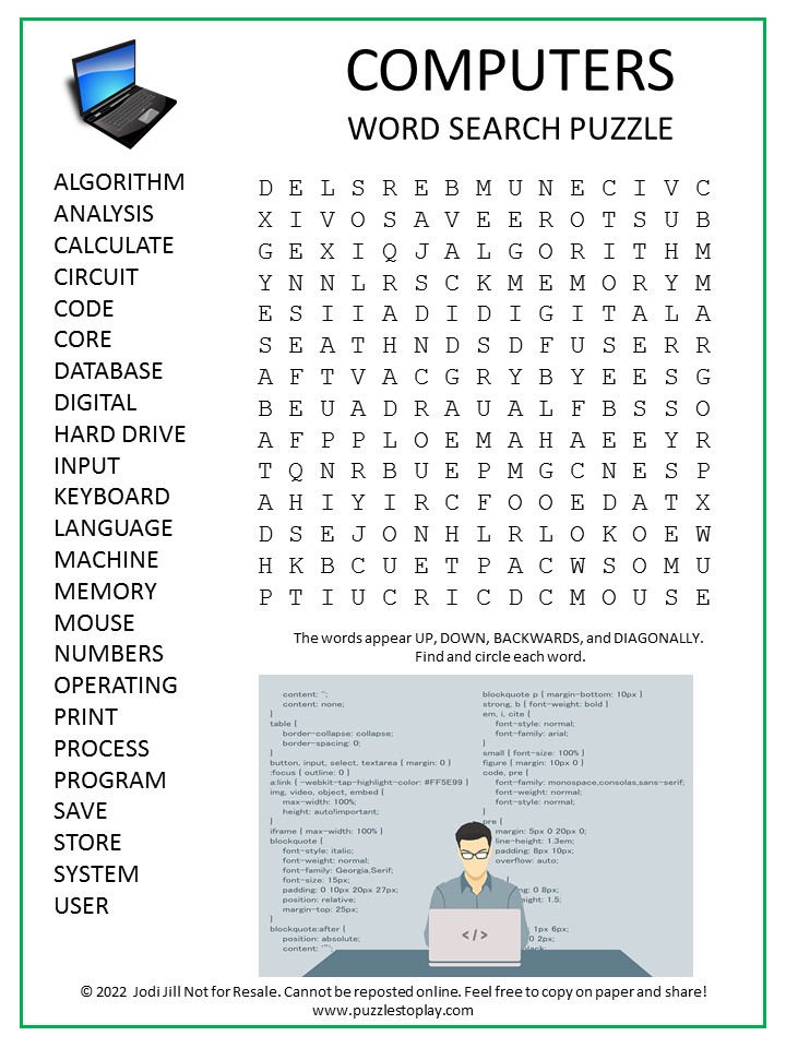 Computers Word Search Puzzle Puzzles To Play
