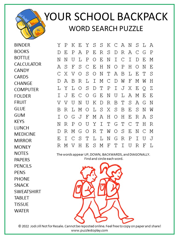 School Backpack Word Search Puzzle