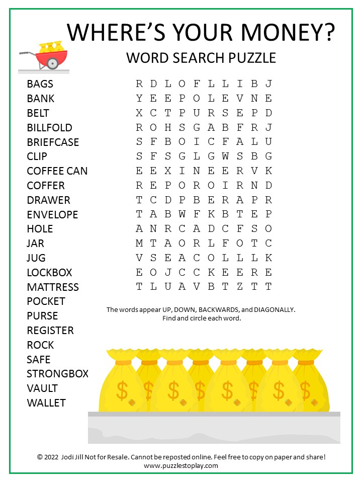 Money, Free Word Search Puzzle Worksheets