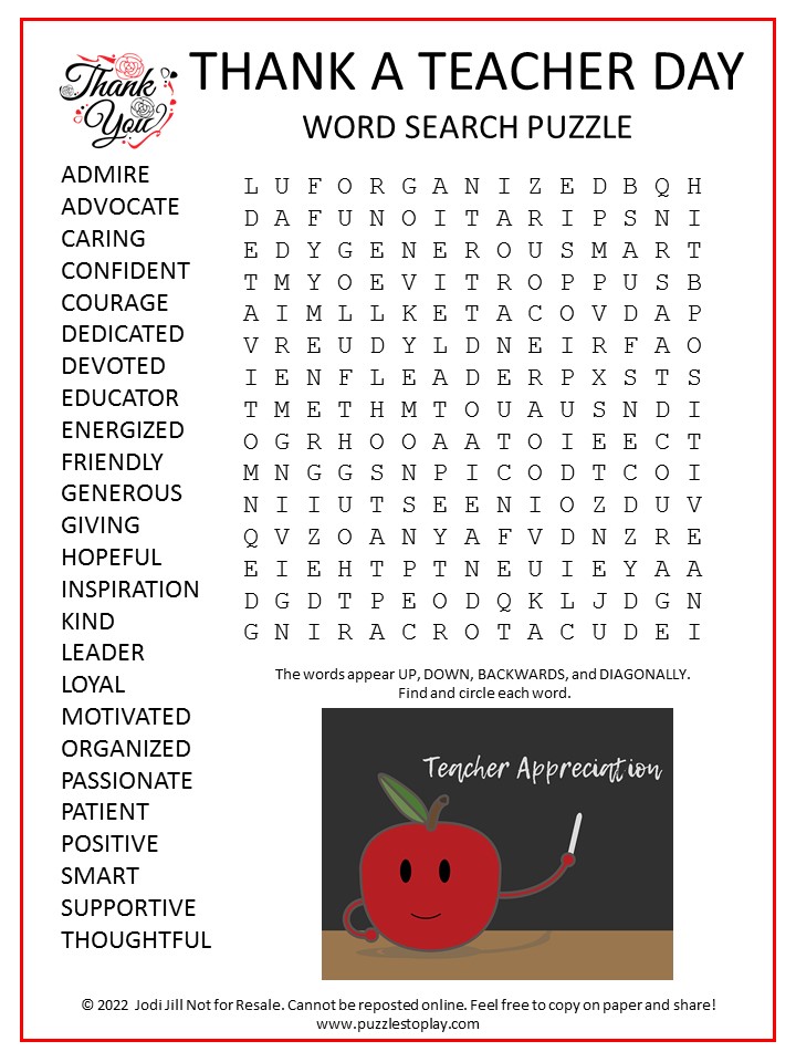 Thank A Teacher Day Word Search Puzzle