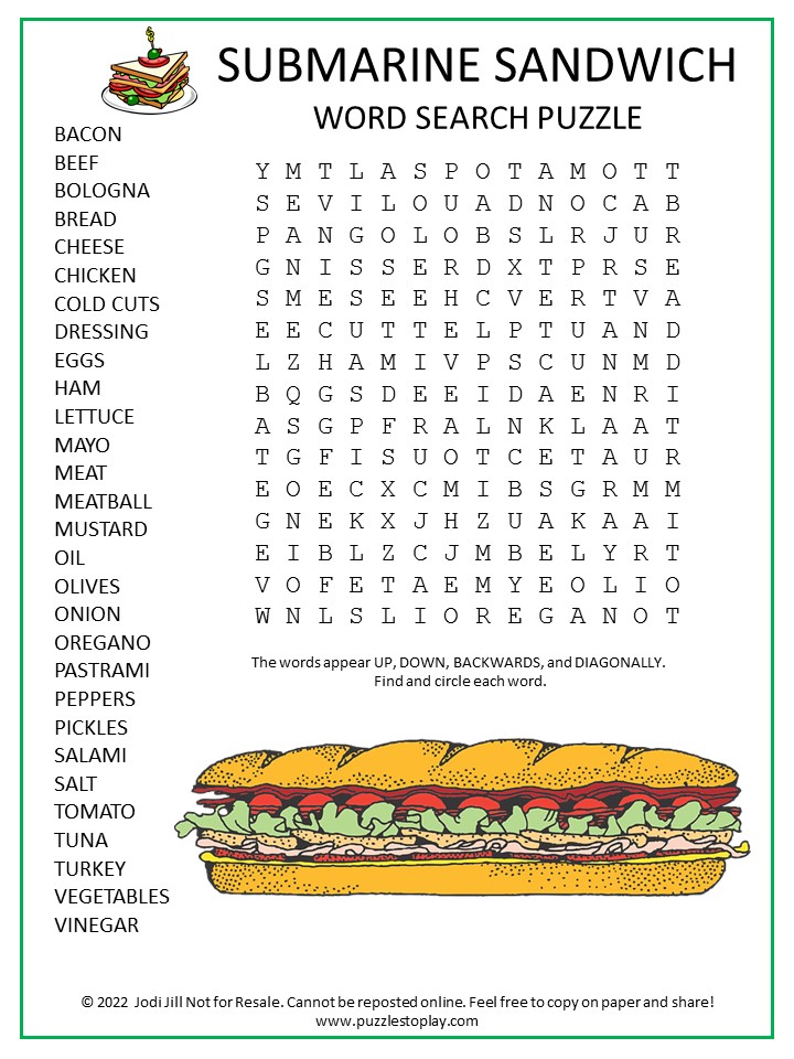 Submarine Sandwich Word Search Puzzle