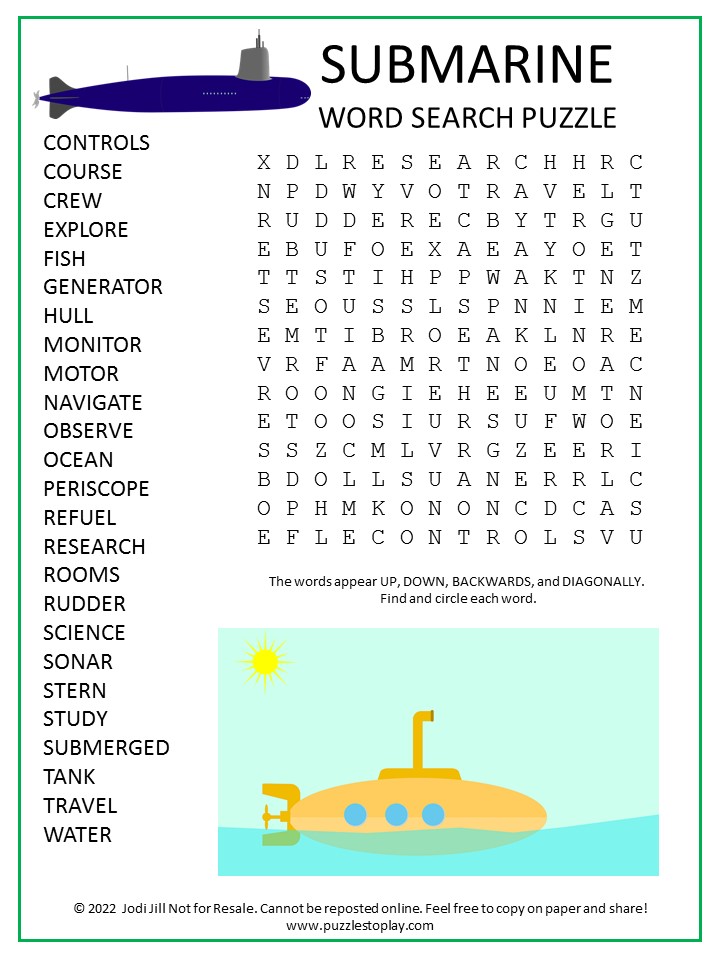 Submarines Word Search Puzzle