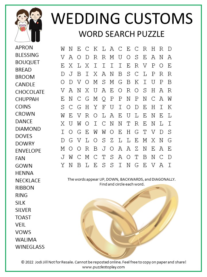 Wedding Customs Word Search Puzzle - Puzzles to Play