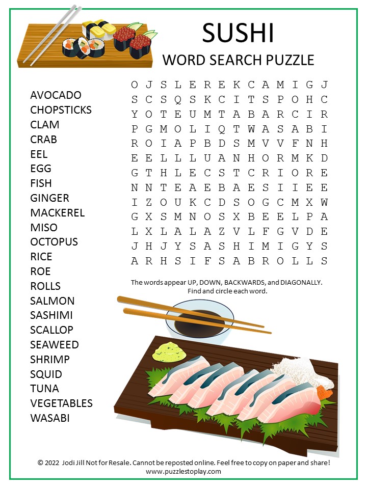 Sushi Word Search Puzzle