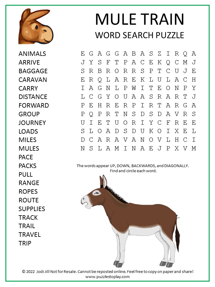 Mule Train Word Search Puzzle