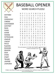 Baseball Opener Word Search Puzzle