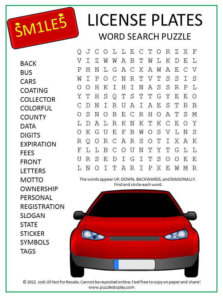 License Plates Word Search Puzzle
