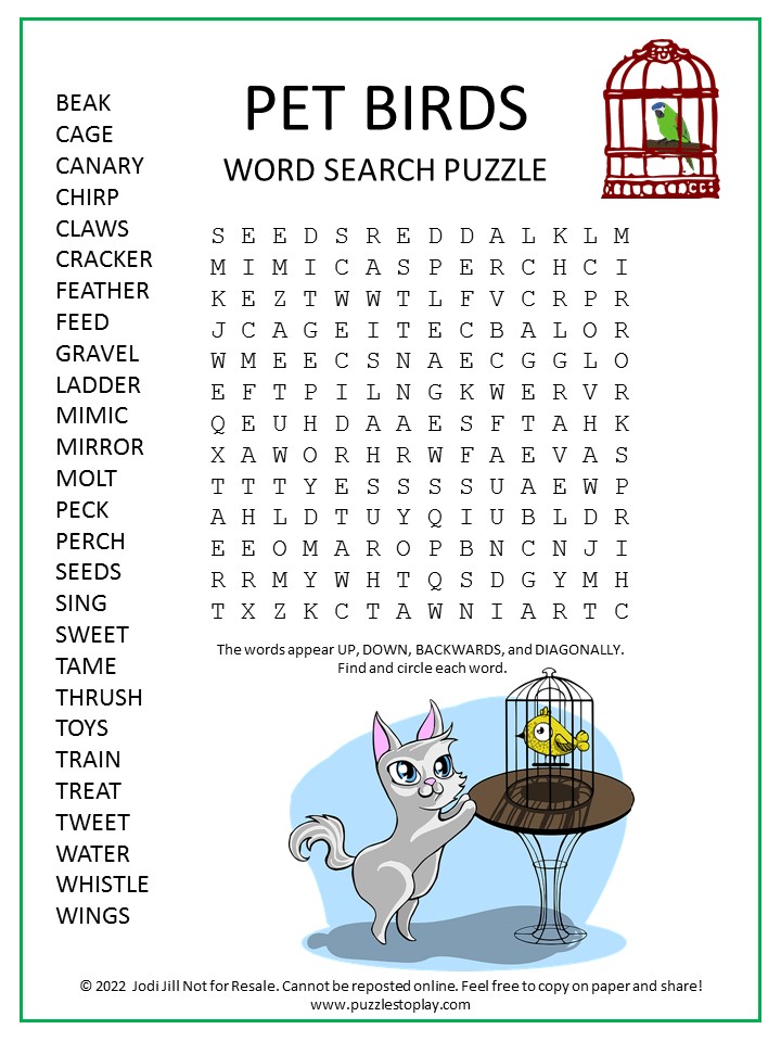Pet Birds Word Search Puzzle