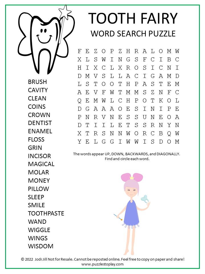 Tooth Fairy Word Search Puzzle