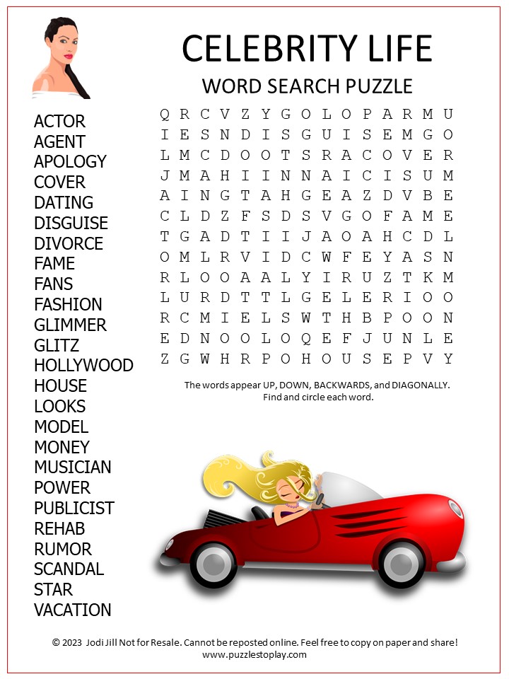 Celebrity Life Word Search Puzzle